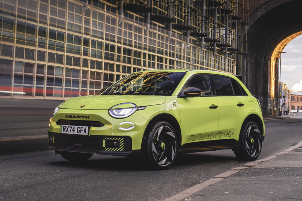 Abarth 600e static front three-quarter