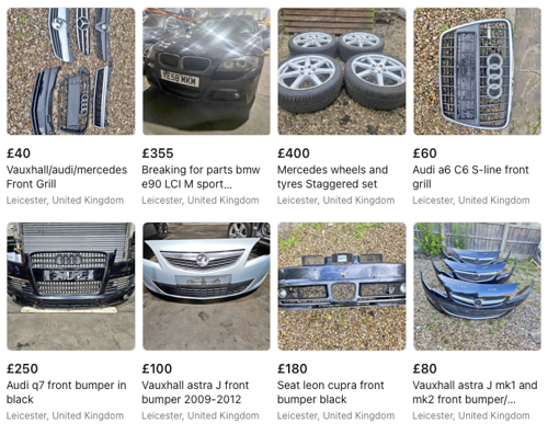 A seller's details page on Facebook showing many different car parts in a back garden setting