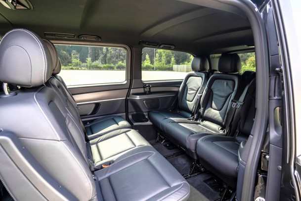 Mercedes V-Class Review: eight-seater rear interior viewed from passenger side door