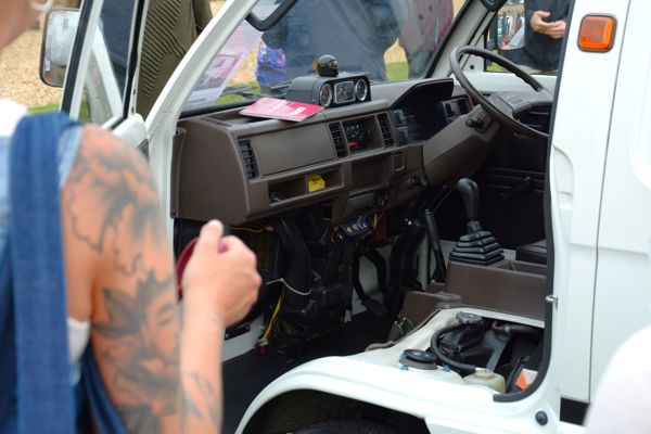 Cab interior and engine access of a Bedford Rascal at FOTU 2025