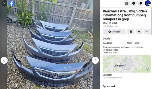 A seller offering Vauxhall Corsa bumpers on Facebook - they may be legitimate, but buy with care