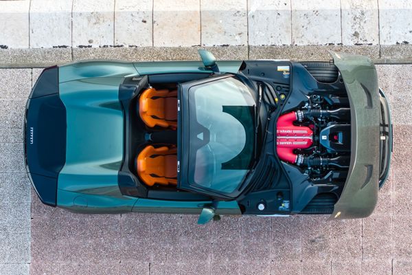 Ferrari 12Cilindri Spider Review: birdseye view with bonnet open