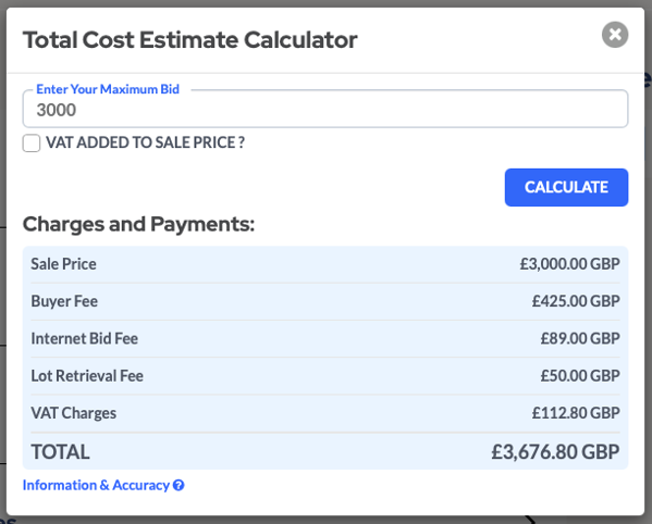 The total cost estimate calculator from Copart shows how much you will pay in fees over your bid price