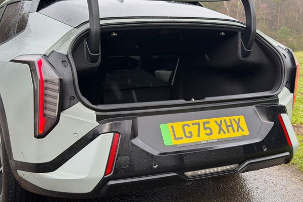 Kia EV4 Fastback Review: boot opening viewed from rear three-quarter