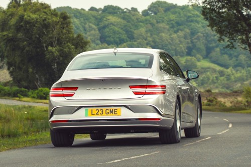 Genesis Electrified G80 Review: dynamic rear-three quarters