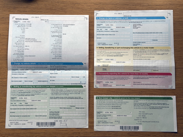 The sections of a V5C, including tear-off pieces to inform the DVLA of changes and give the new keeper a receipt and record of the transfer
