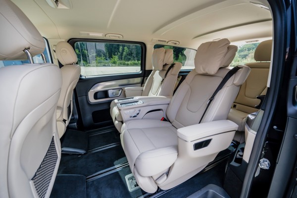 Mercedes V-Class Review: six-seater rear passenger area viewed from passenger side door