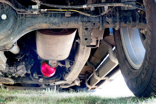 Underneath a pickup - the catalytic converter is easy to spot