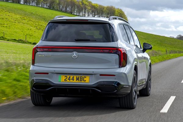 Mercedes Electric GLB Review: dynamic rear three-quarter